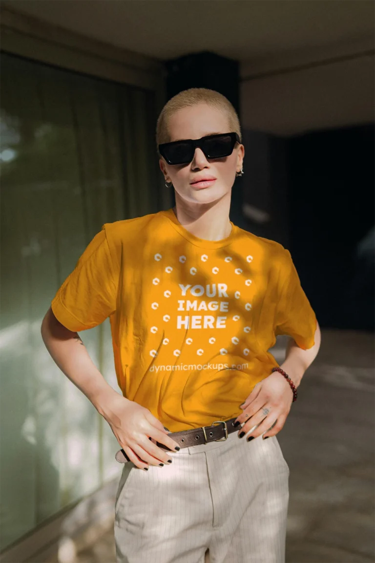 Woman Wearing Orange T-shirt Mockup Front View Template