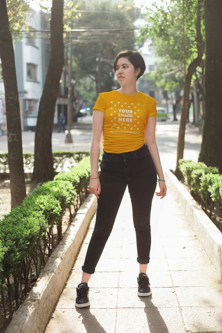 Woman Wearing Orange T-shirt Mockup Front View Template