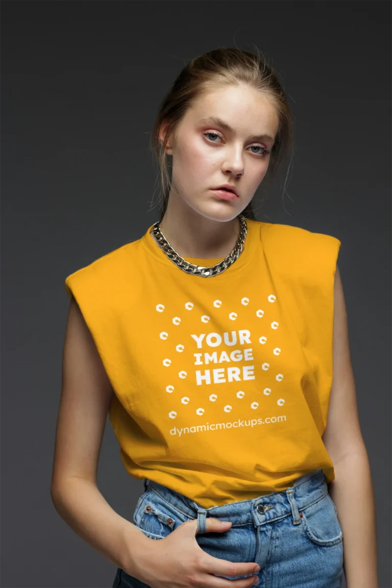 Woman Wearing Orange T-shirt Mockup Front View Template