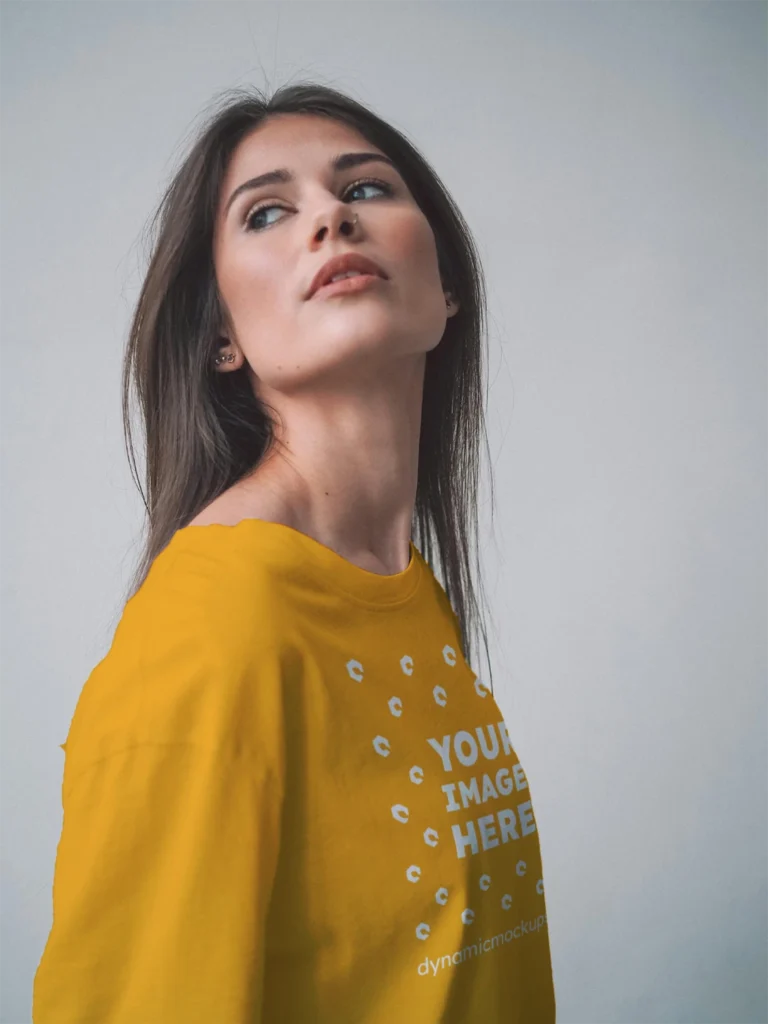 Woman Wearing Orange T-shirt Mockup Front View Template