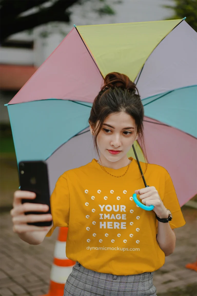 Woman Wearing Orange T-shirt Mockup Front View Template