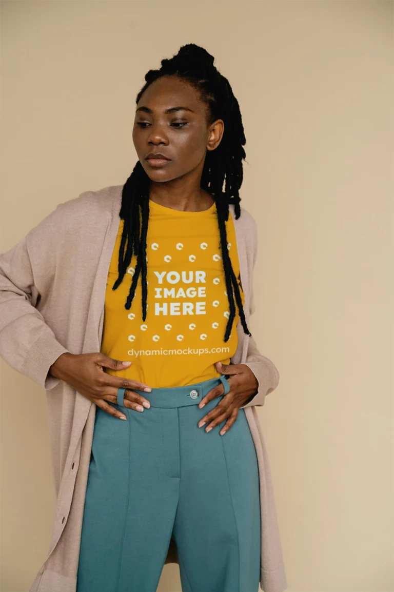 Woman Wearing Orange T-shirt Mockup Front View Template