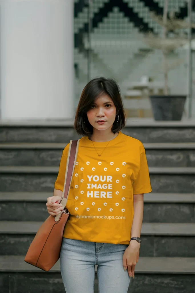 Woman Wearing Orange T-shirt Mockup Front View Template