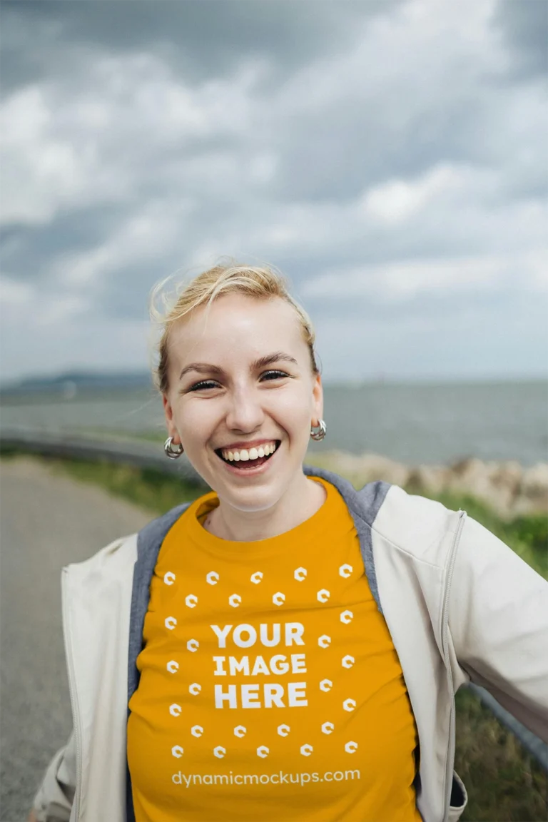 Woman Wearing Orange T-shirt Mockup Front View Template
