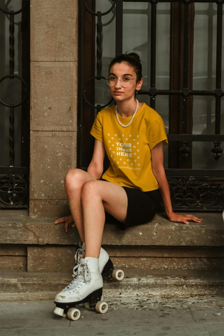 Woman Wearing Orange T-shirt Mockup Front View Template