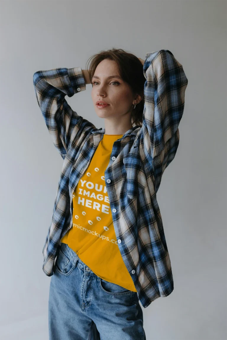 Woman Wearing Orange T-shirt Mockup Front View Template