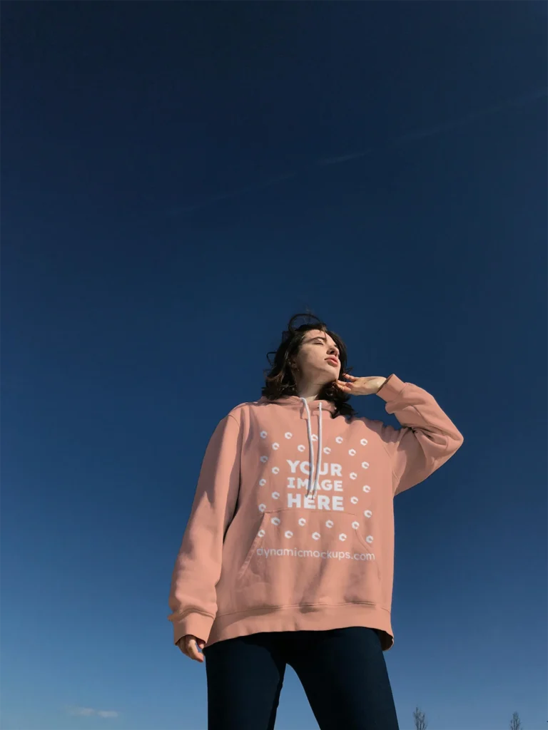 Woman Wearing Peach Hoodie Mockup Front View Template