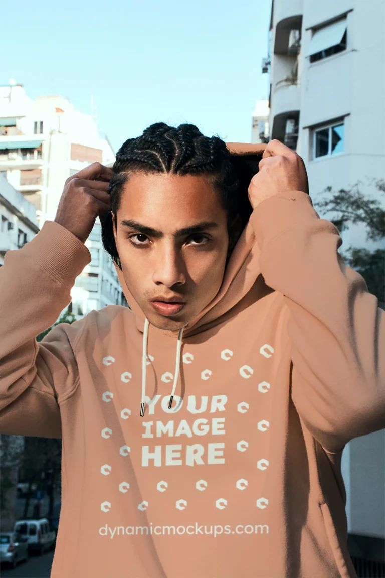 Woman Wearing Peach Hoodie Mockup Front View Template