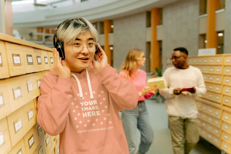 Woman Wearing Peach Hoodie Mockup Front View Template