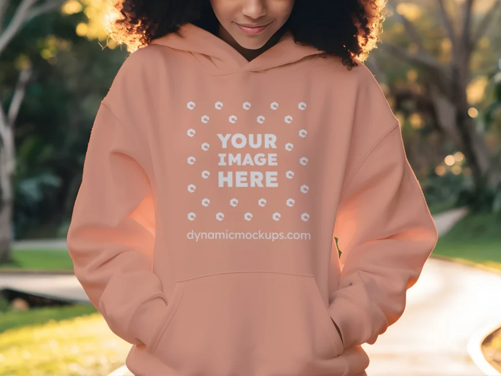 Woman Wearing Peach Hoodie Mockup Front View Template
