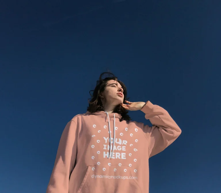 Woman Wearing Peach Hoodie Mockup Front View Template