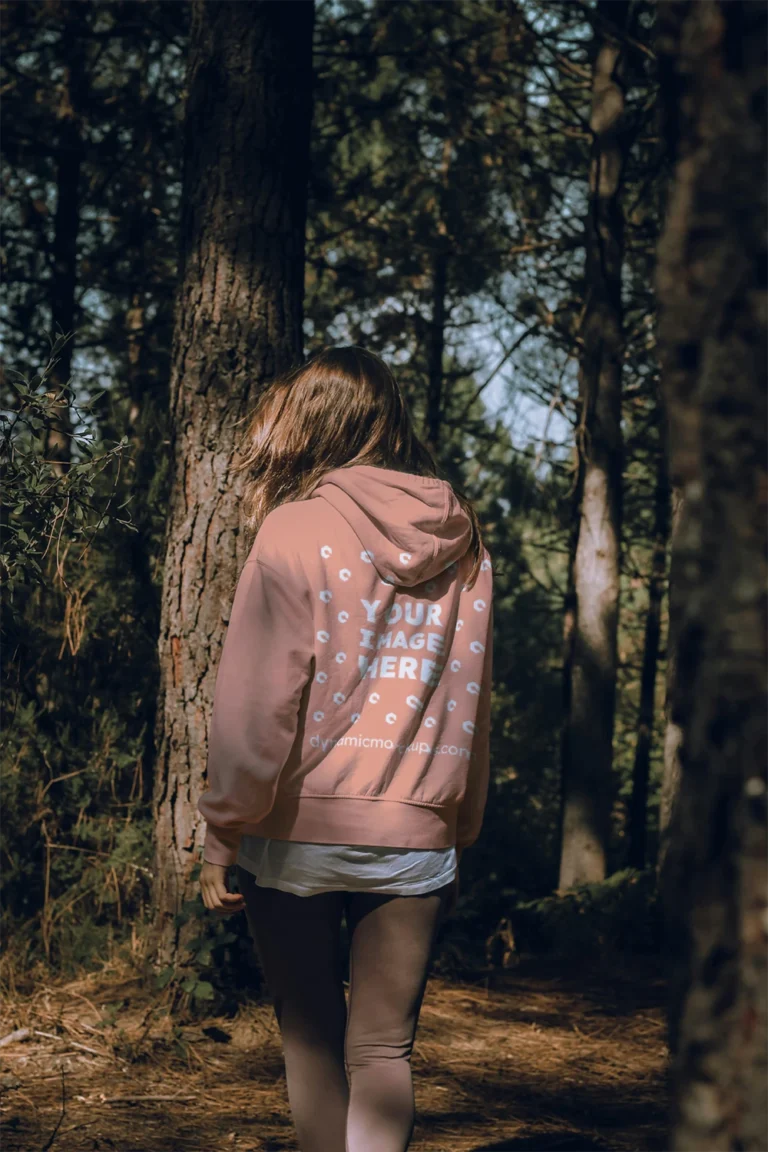Woman Wearing Peach Hoodie Mockup Back View Template