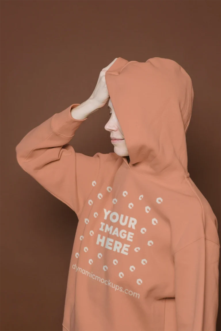 Woman Wearing Peach Hoodie Mockup Front View Template