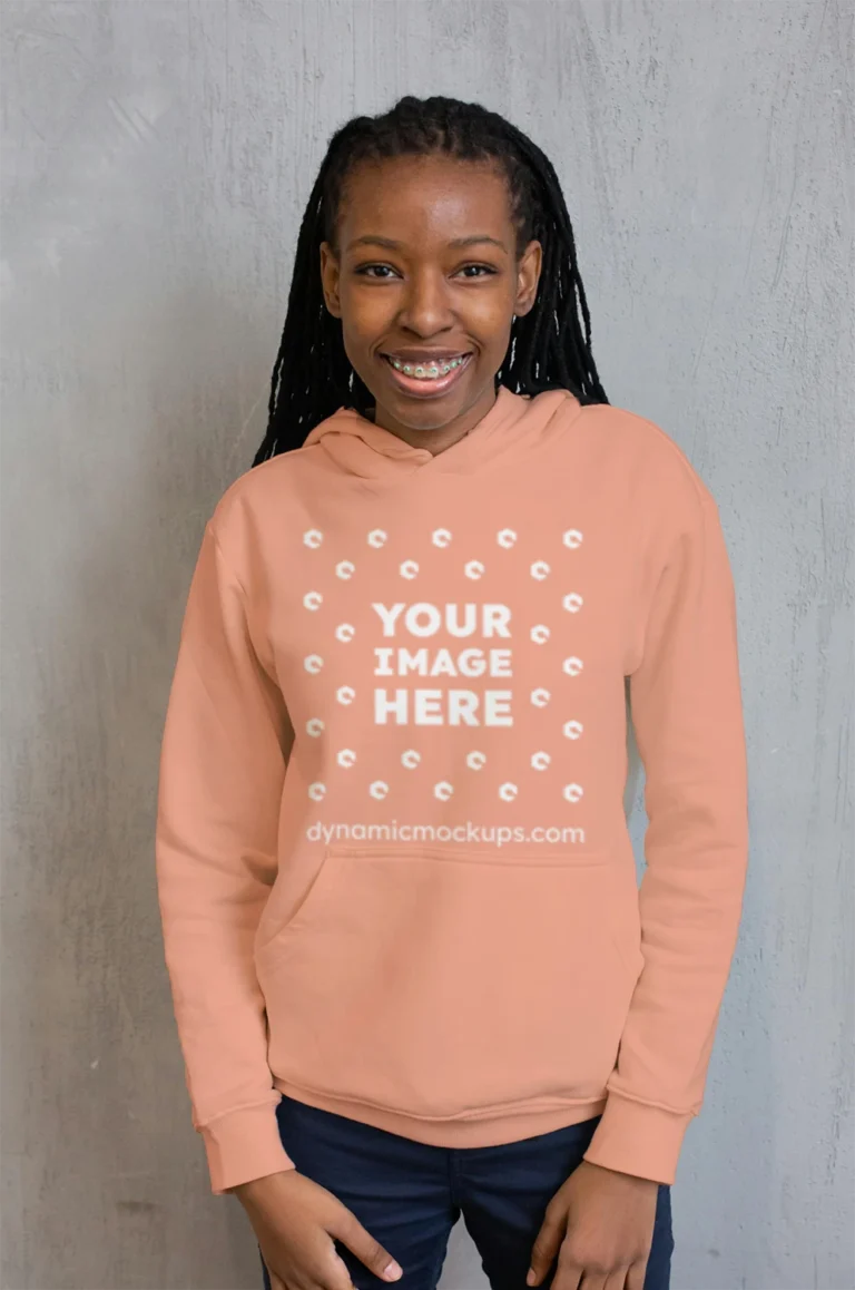 Woman Wearing Peach Hoodie Mockup Front View Template
