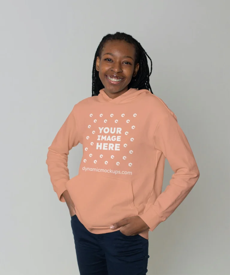 Woman Wearing Peach Hoodie Mockup Front View Template