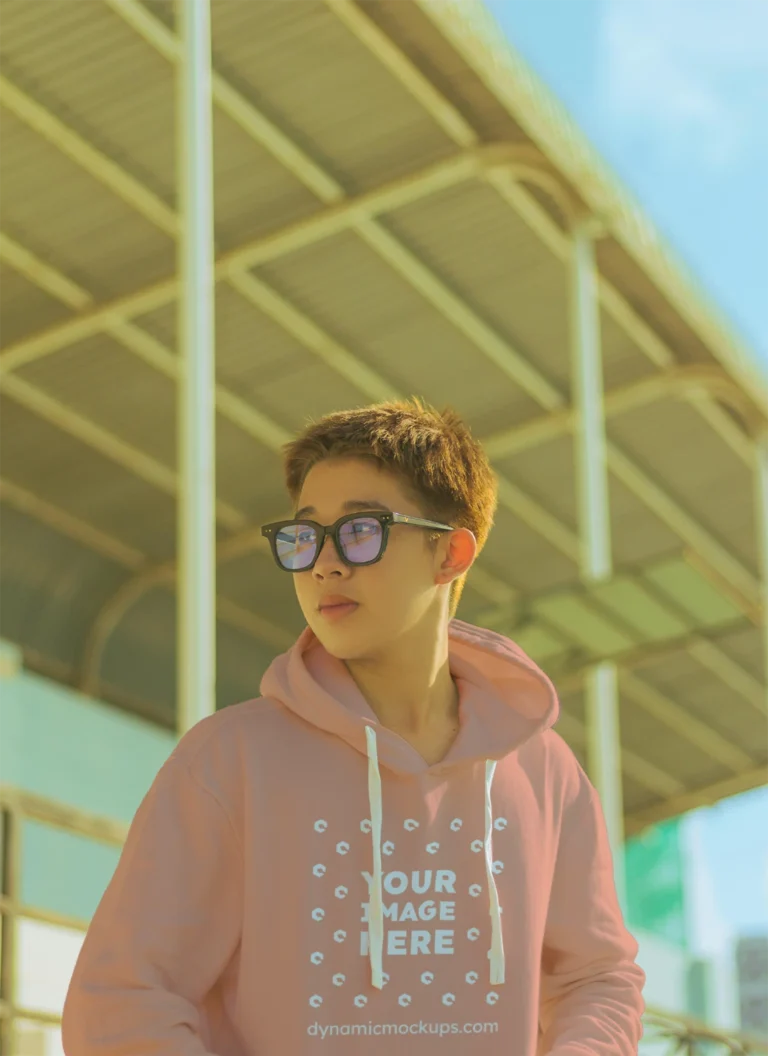 Woman Wearing Peach Hoodie Mockup Front View Template