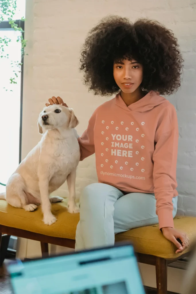 Woman Wearing Peach Hoodie Mockup Front View Template