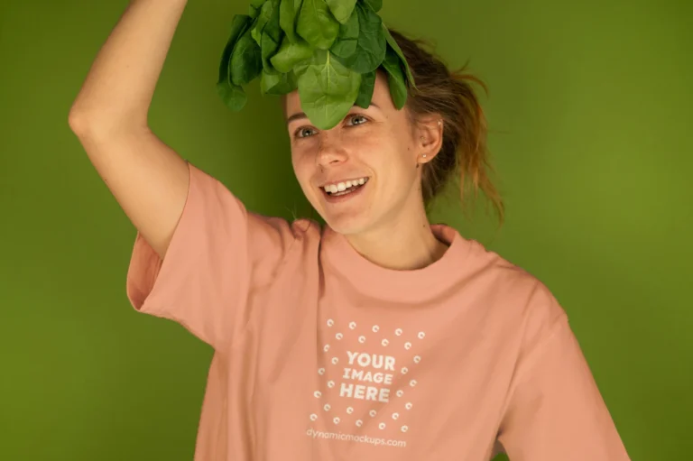 Woman Wearing Peach T-shirt Mockup Front View Template