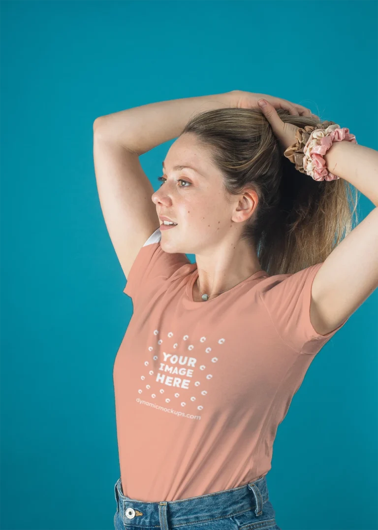 Woman Wearing Peach T-shirt Mockup Front View Template