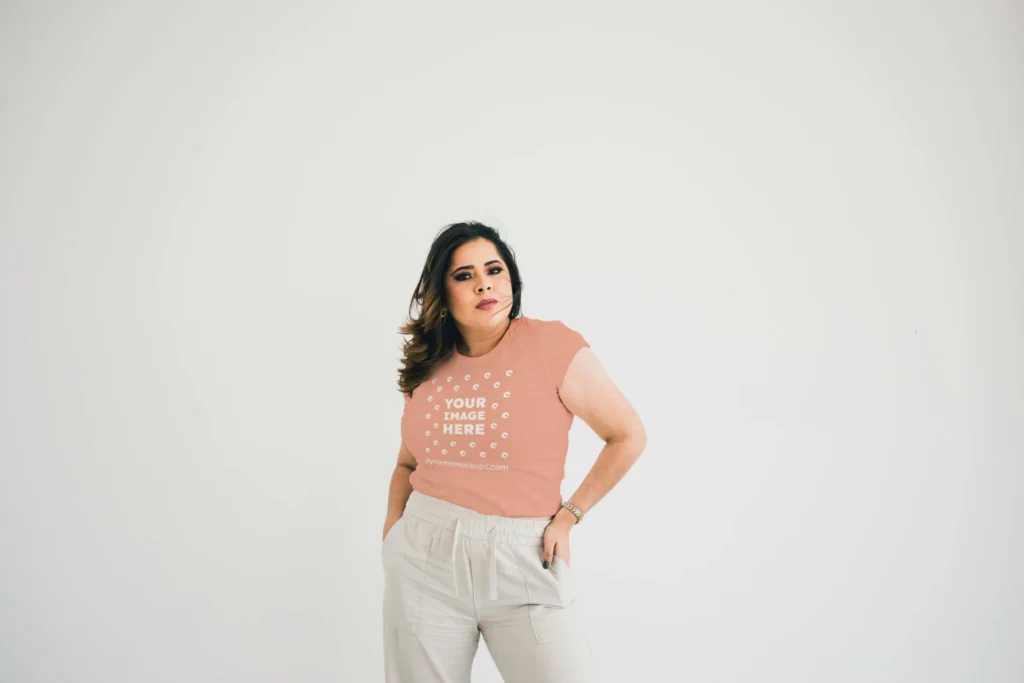 Woman Wearing Peach T-shirt Mockup Front View Template