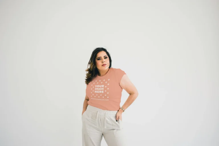 Woman Wearing Peach T-shirt Mockup Front View Template