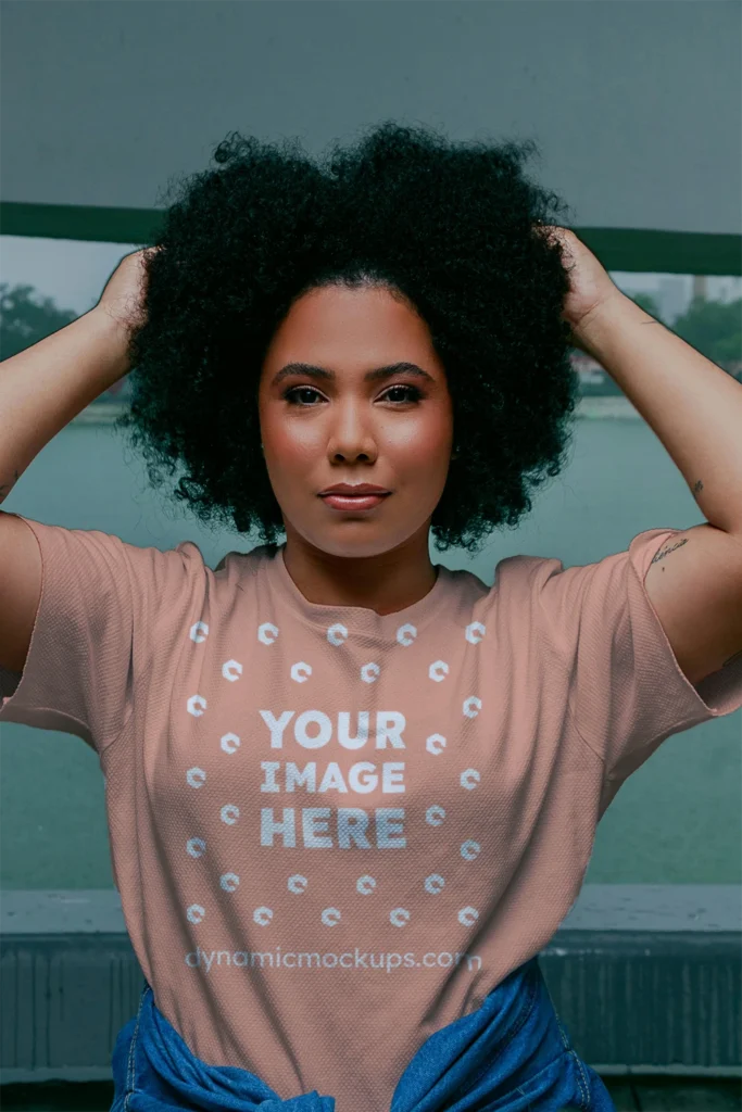 Woman Wearing Peach T-shirt Mockup Front View Template