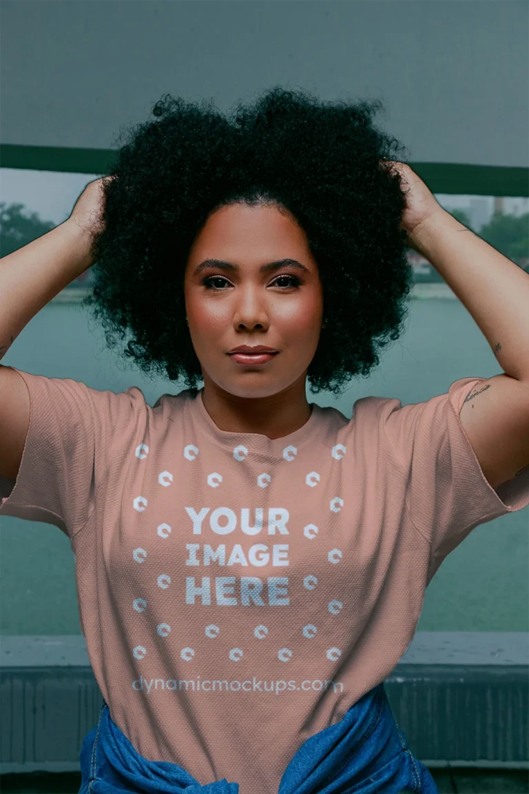 Woman Wearing Peach T-shirt Mockup Front View Template