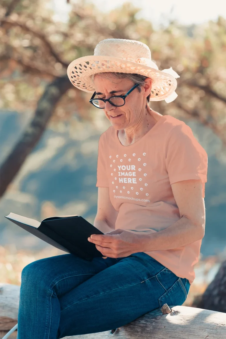 Woman Wearing Peach T-shirt Mockup Front View Template