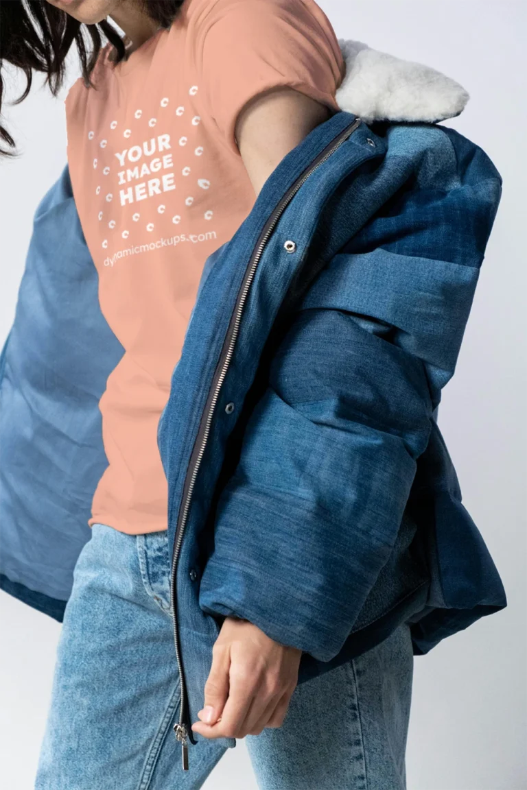 Woman Wearing Peach T-shirt Mockup Front View Template