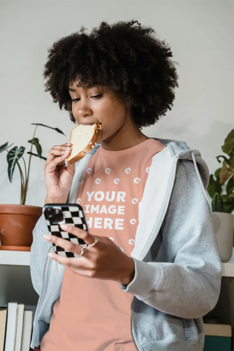 Woman Wearing Peach T-shirt Mockup Front View Template