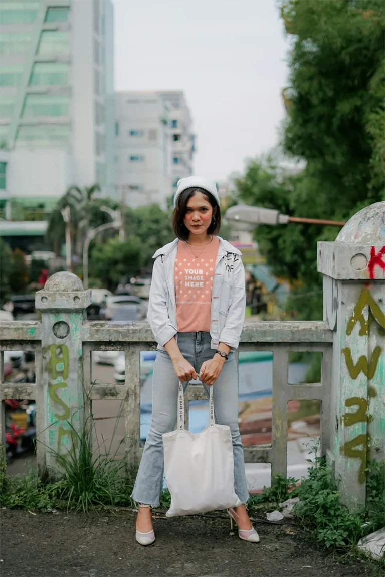 Woman Wearing Peach T-shirt Mockup Front View Template