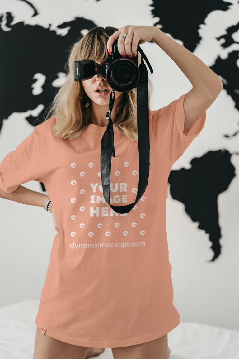 Woman Wearing Peach T-shirt Mockup Front View Template