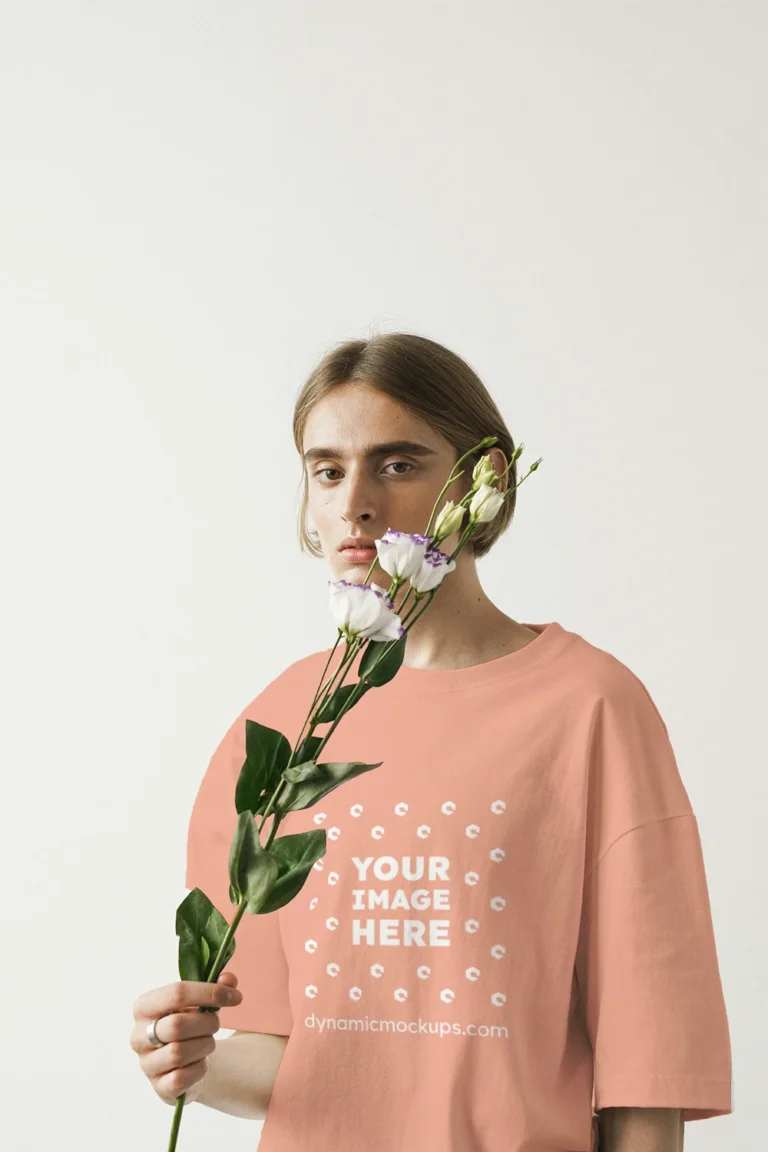 Woman Wearing Peach T-shirt Mockup Front View Template