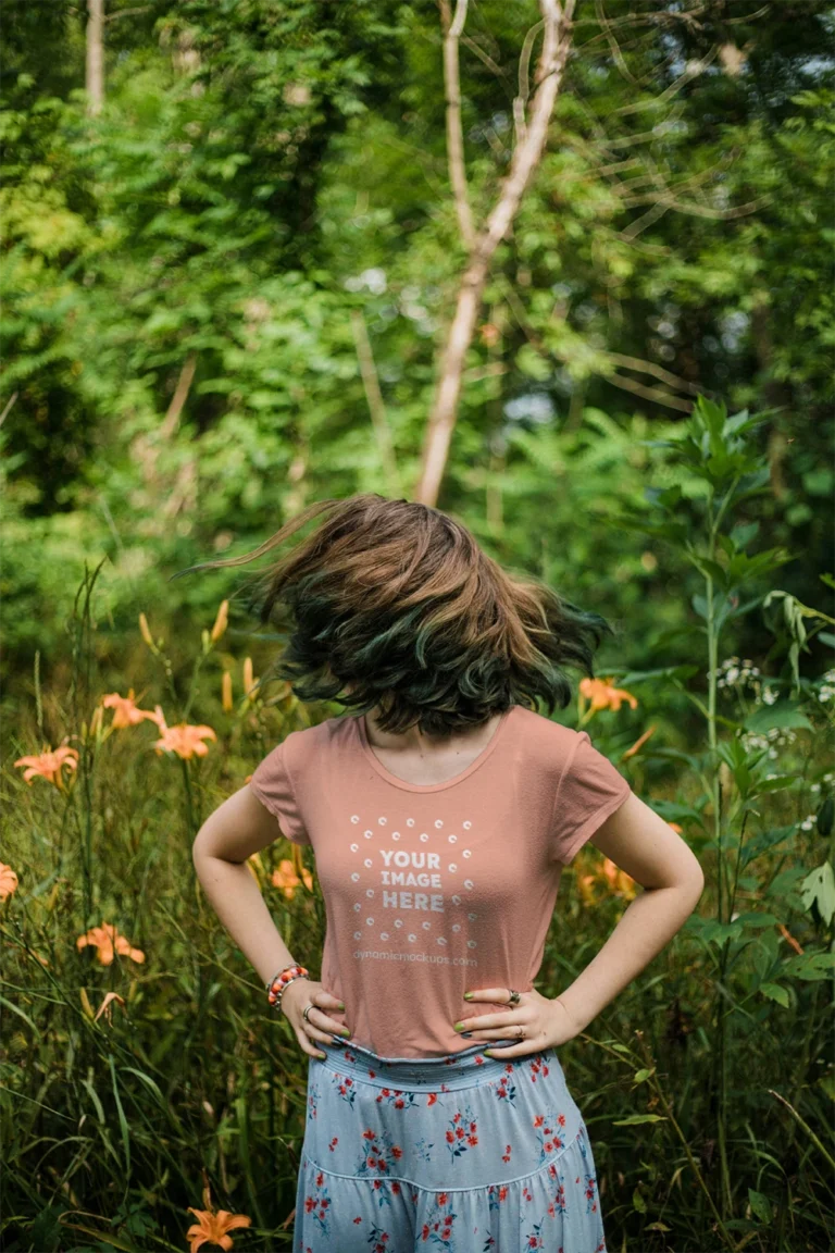 Woman Wearing Peach T-shirt Mockup Front View Template