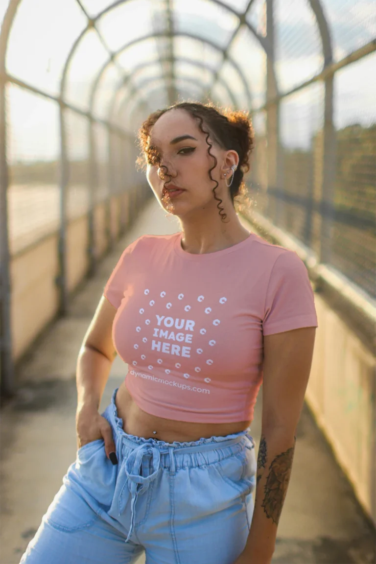 Woman Wearing Peach T-shirt Mockup Front View Template