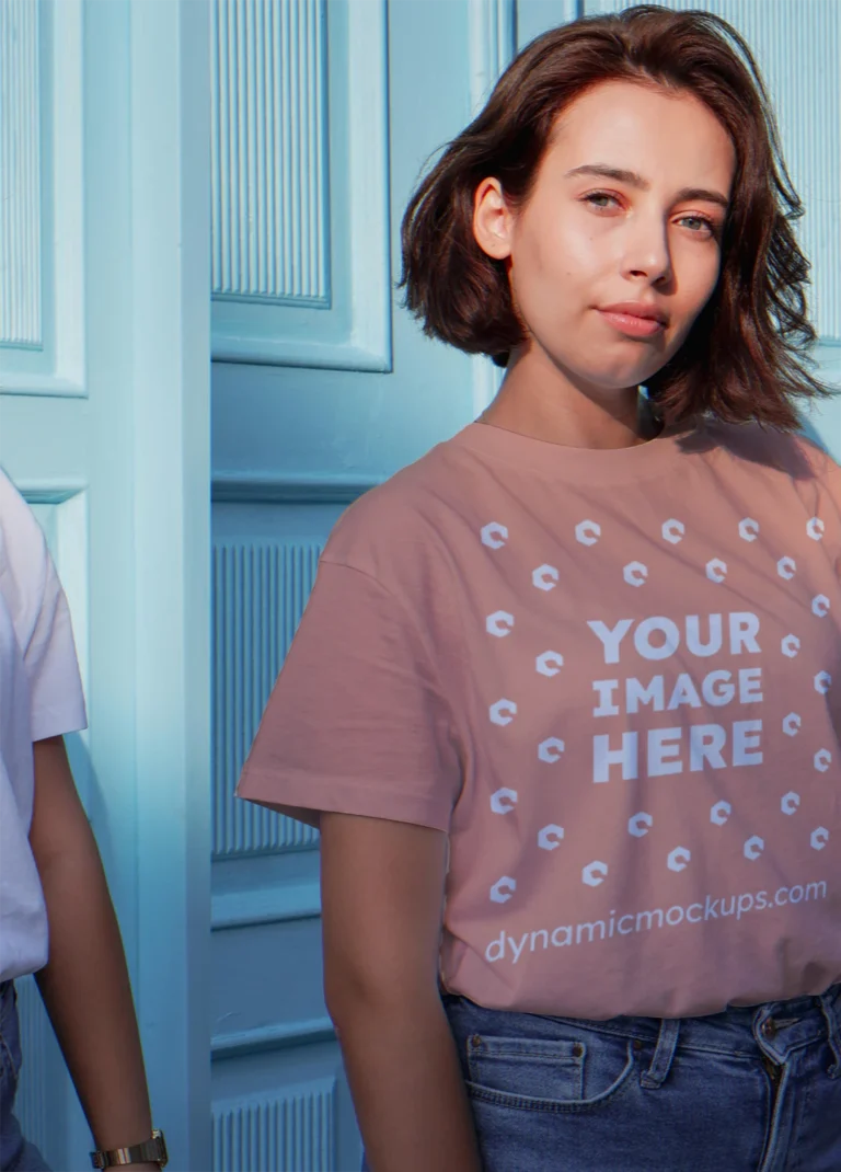 Woman Wearing Peach T-shirt Mockup Front View Template