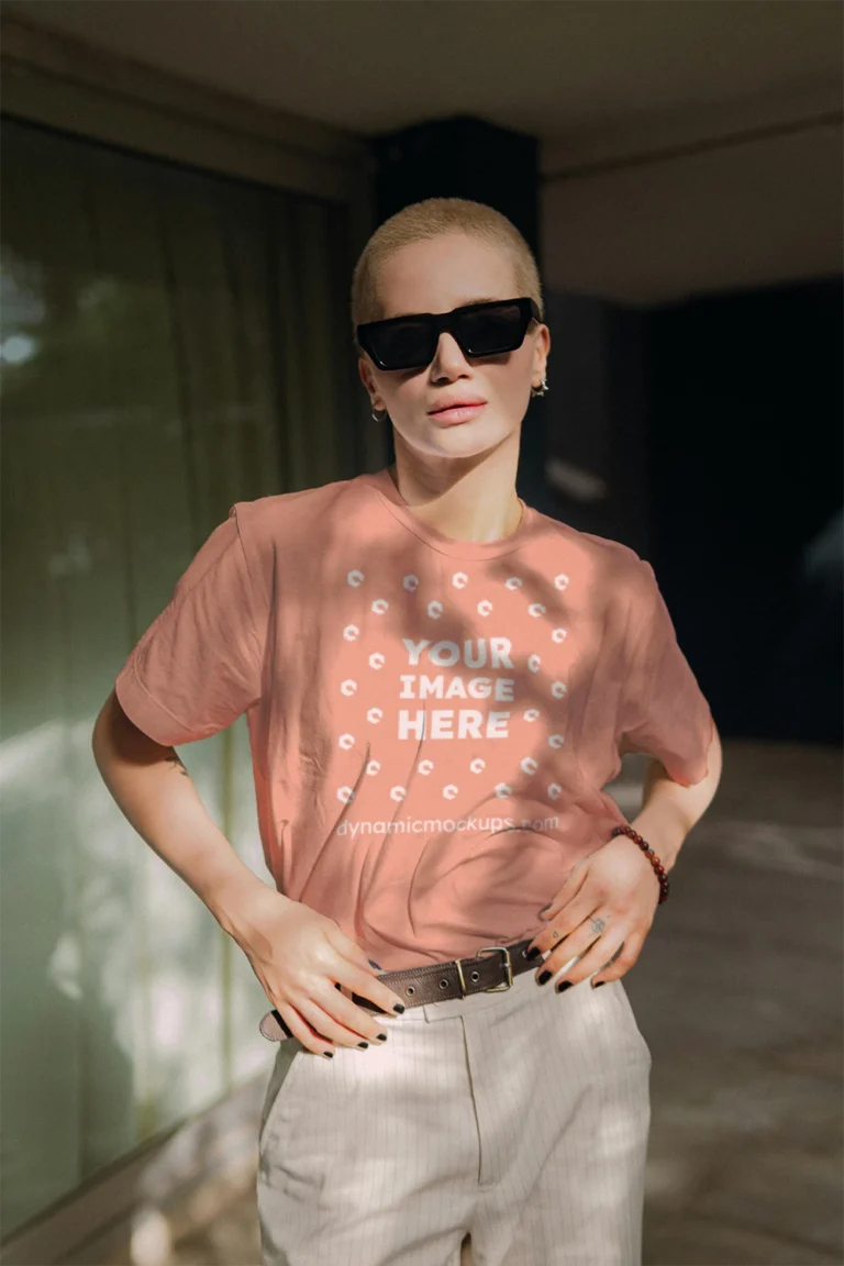 Woman Wearing Peach T-shirt Mockup Front View Template