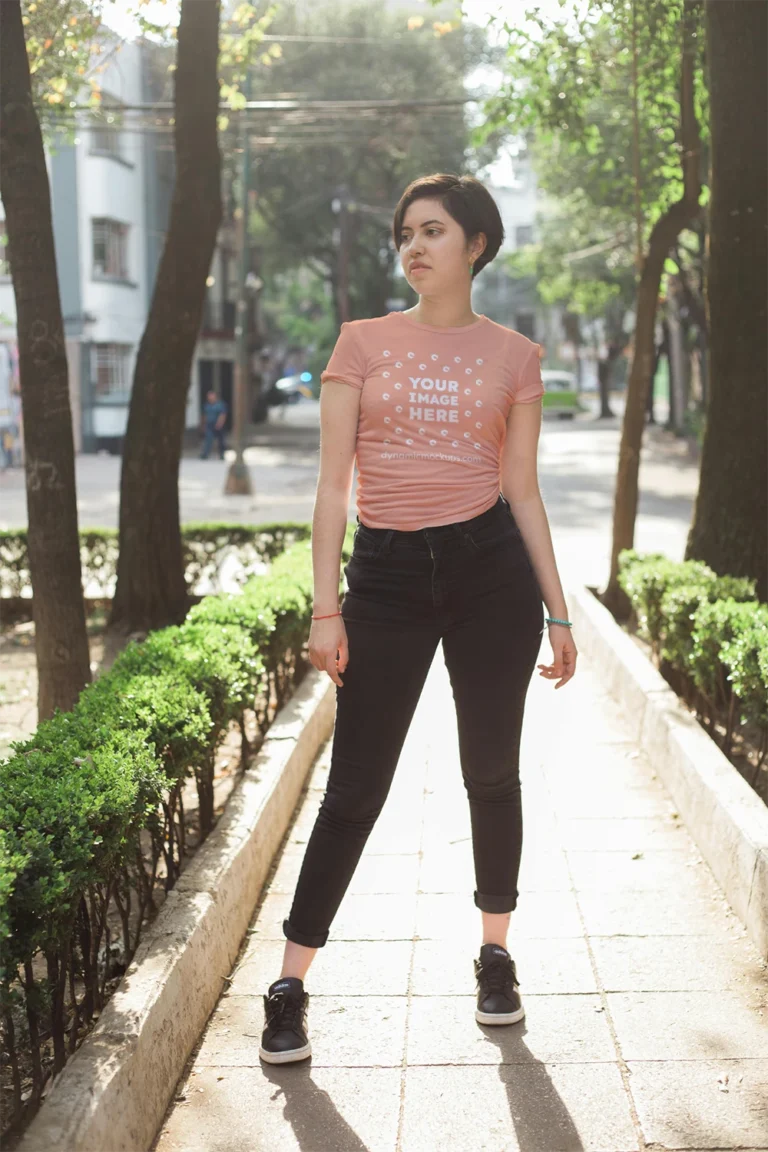 Woman Wearing Peach T-shirt Mockup Front View Template