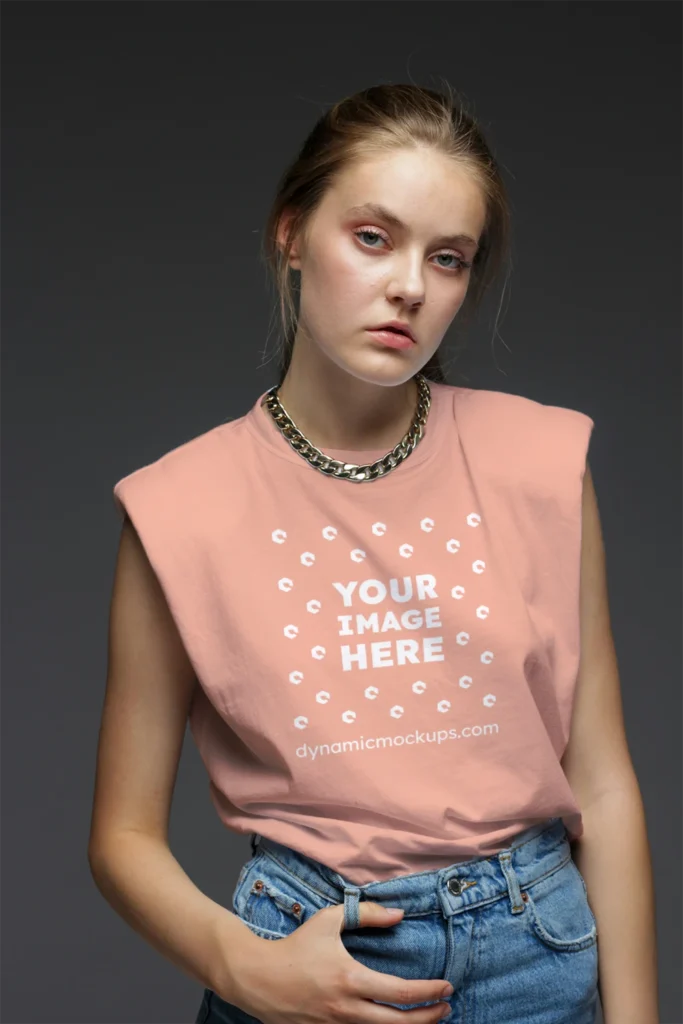 Woman Wearing Peach T-shirt Mockup Front View Template