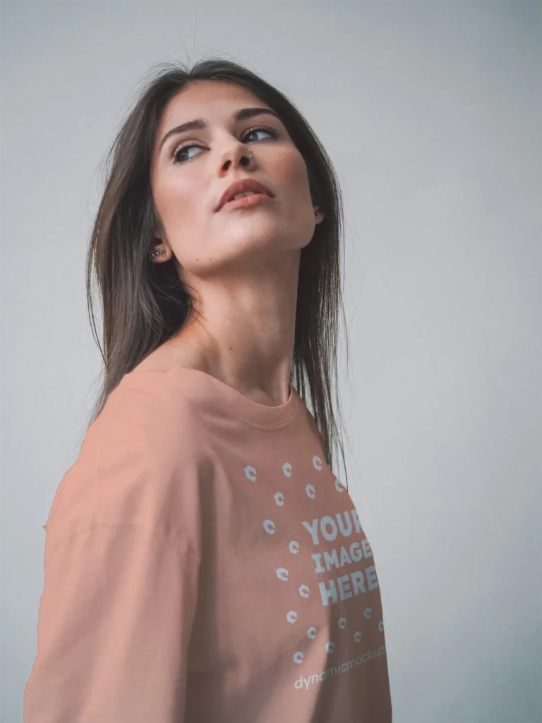 Woman Wearing Peach T-shirt Mockup Front View Template