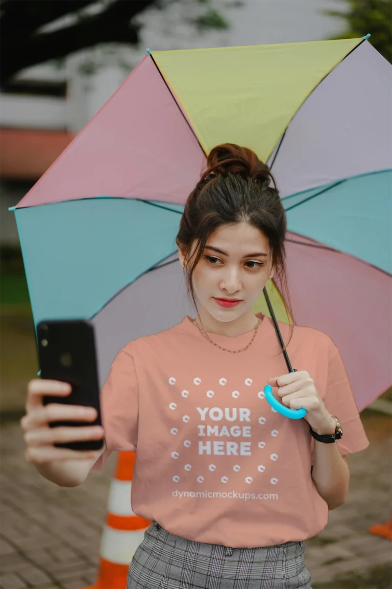 Woman Wearing Peach T-shirt Mockup Front View Template