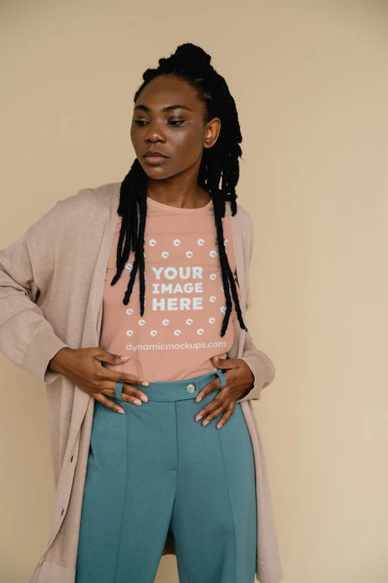 Woman Wearing Peach T-shirt Mockup Front View Template