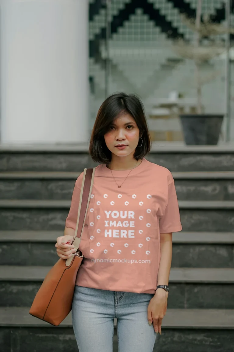 Woman Wearing Peach T-shirt Mockup Front View Template
