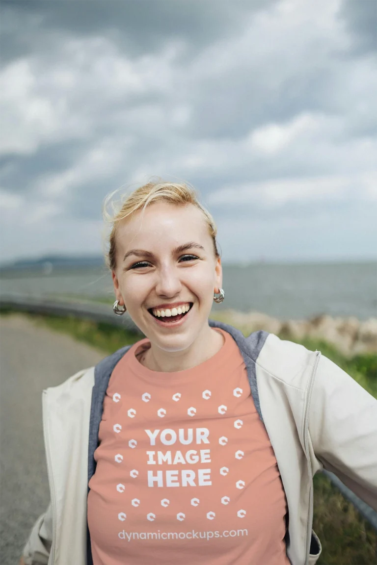 Woman Wearing Peach T-shirt Mockup Front View Template