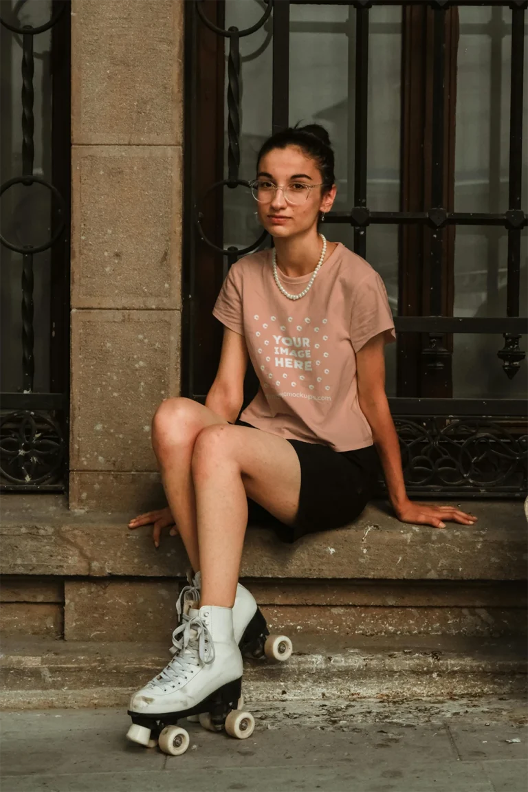 Woman Wearing Peach T-shirt Mockup Front View Template
