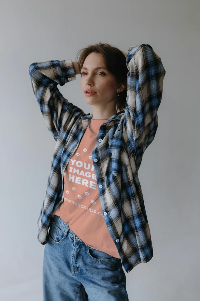 Woman Wearing Peach T-shirt Mockup Front View Template