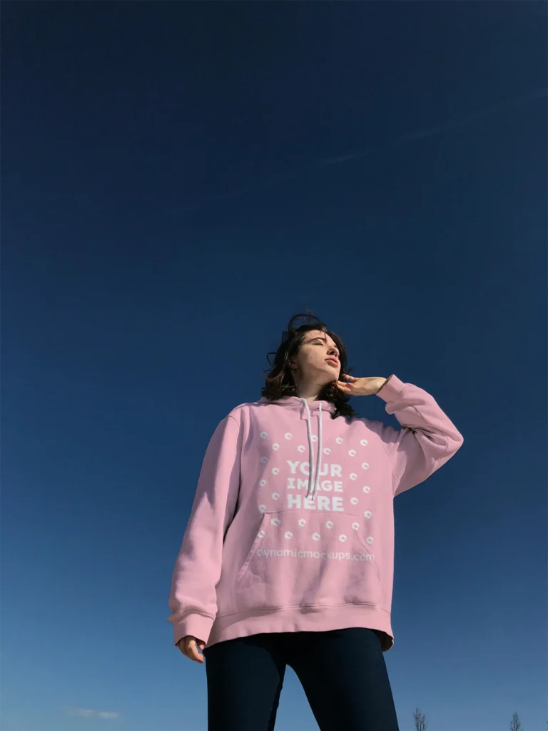 Woman Wearing Pink Hoodie Mockup Front View Template