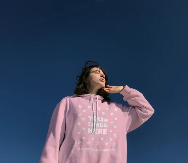 Woman Wearing Pink Hoodie Mockup Front View Template