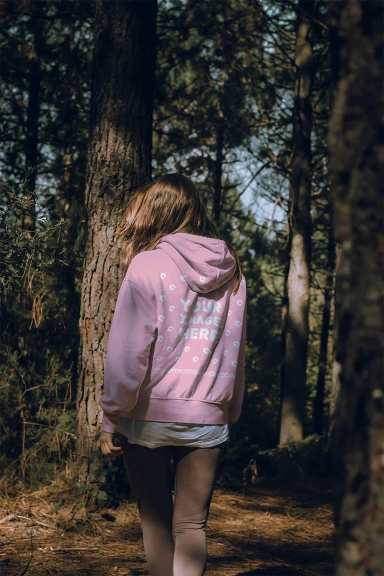 Woman Wearing Pink Hoodie Mockup Back View Template
