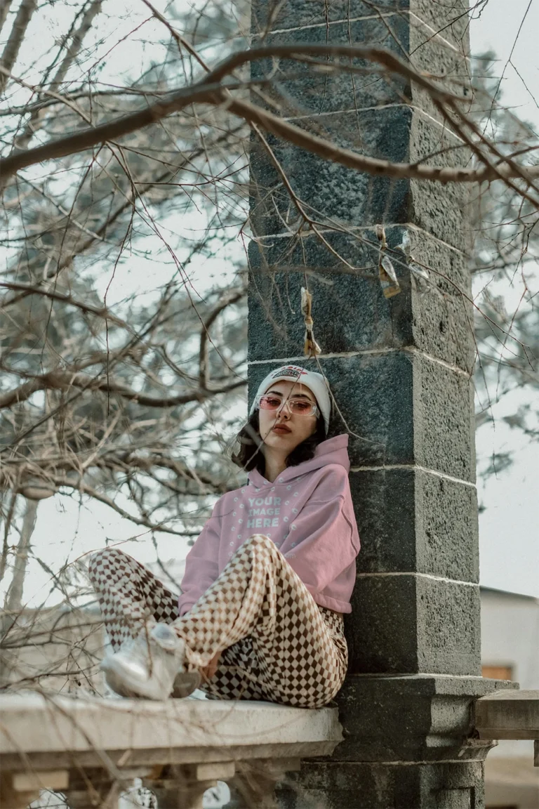 Woman Wearing Pink Hoodie Mockup Front View Template